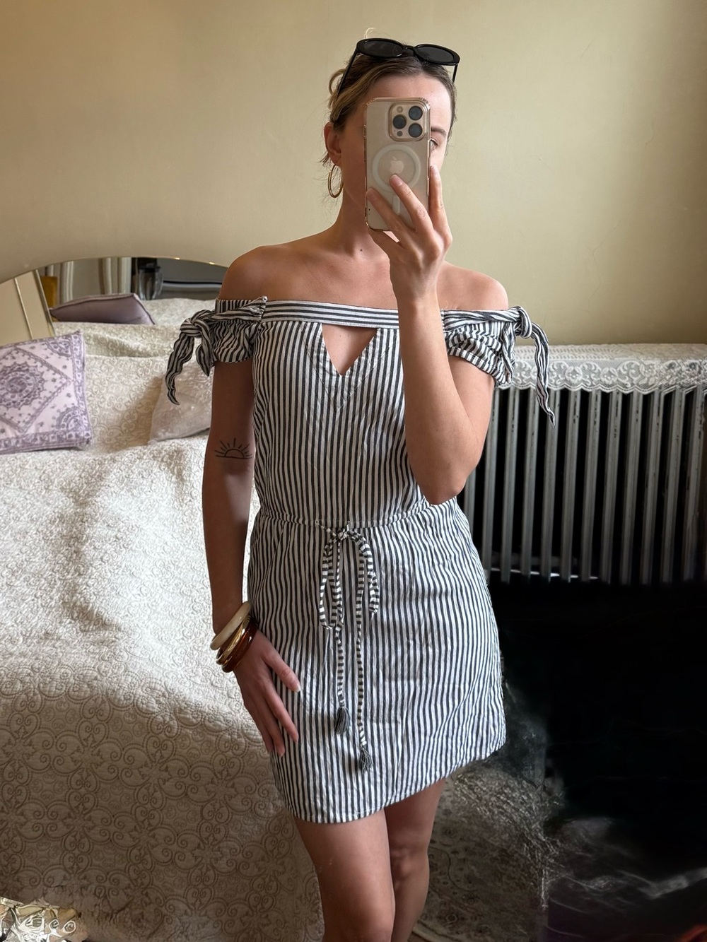 Guess Navy & White Striped Off-Shoulder Tie-Waist Mini Dress